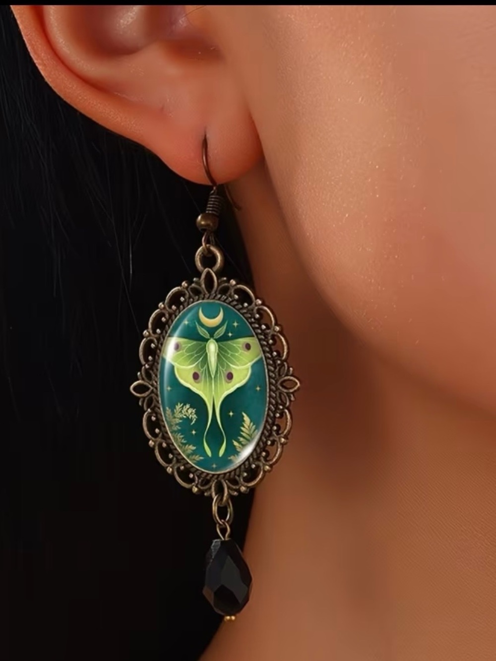 Green Luna Moth Vintage-Style Dangle Earrings 2” long - Picture 7 of 8